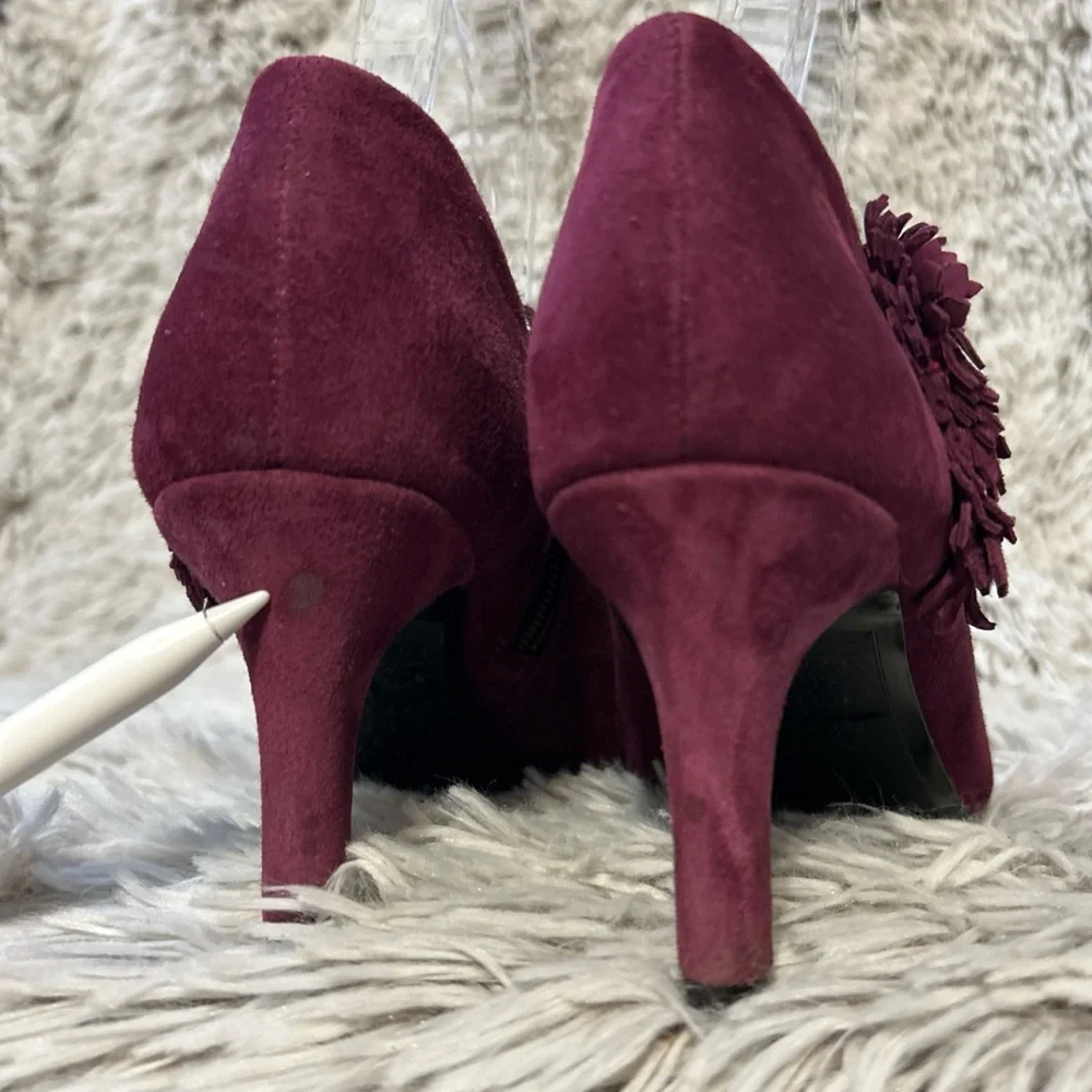 Alex Marie Womens Shoes Booties Heels 6.5 M Wine Suede Flower Petals Side Zipper